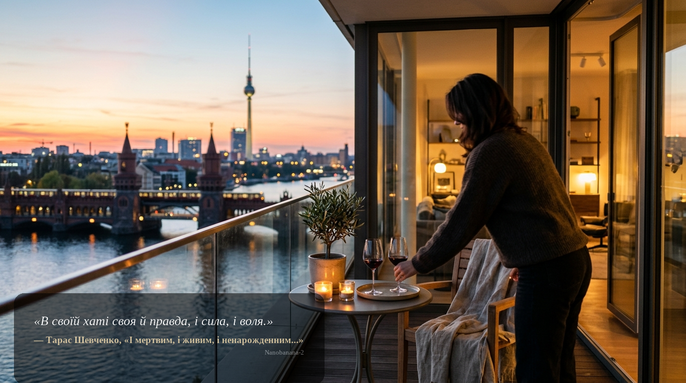 Abendliche Lifestyle-Szene auf einem Balkon mit Blick auf die Spree und die Oberbaumbrücke in Berlin; Person von hinten, stimmungsvolles Premium-Wohnen.