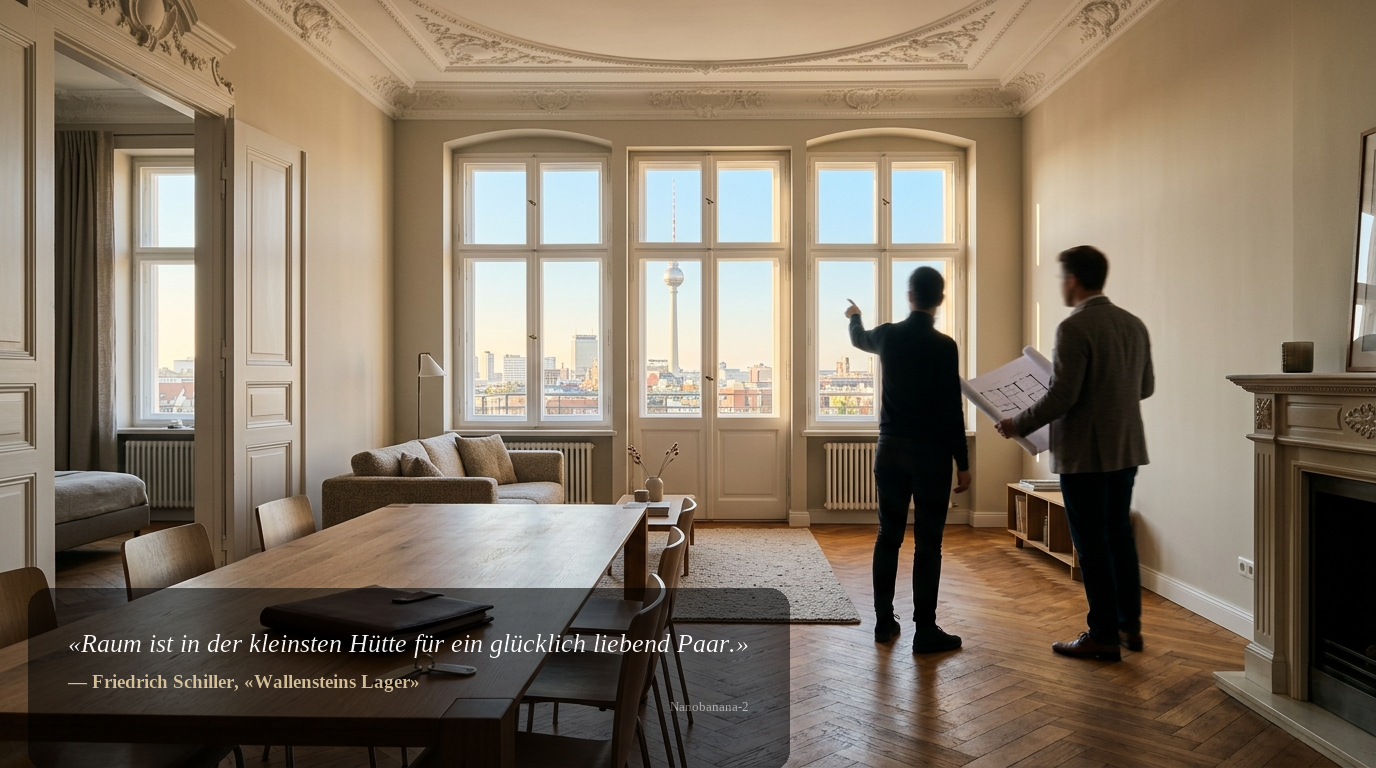 Wohnungssuche mit Makler in Berlin: modernes Altbau-Apartment mit Blick auf den Fernsehturm, zwei Personen unscharf am Fenster.