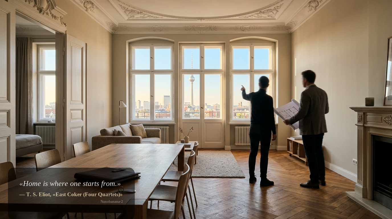 Wohnungssuche mit Makler in Berlin: modernes Altbau-Apartment mit Blick auf den Fernsehturm, zwei Personen unscharf am Fenster.