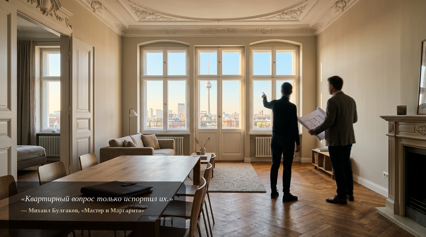 Wohnungssuche mit Makler in Berlin: modernes Altbau-Apartment mit Blick auf den Fernsehturm, zwei Personen unscharf am Fenster.
