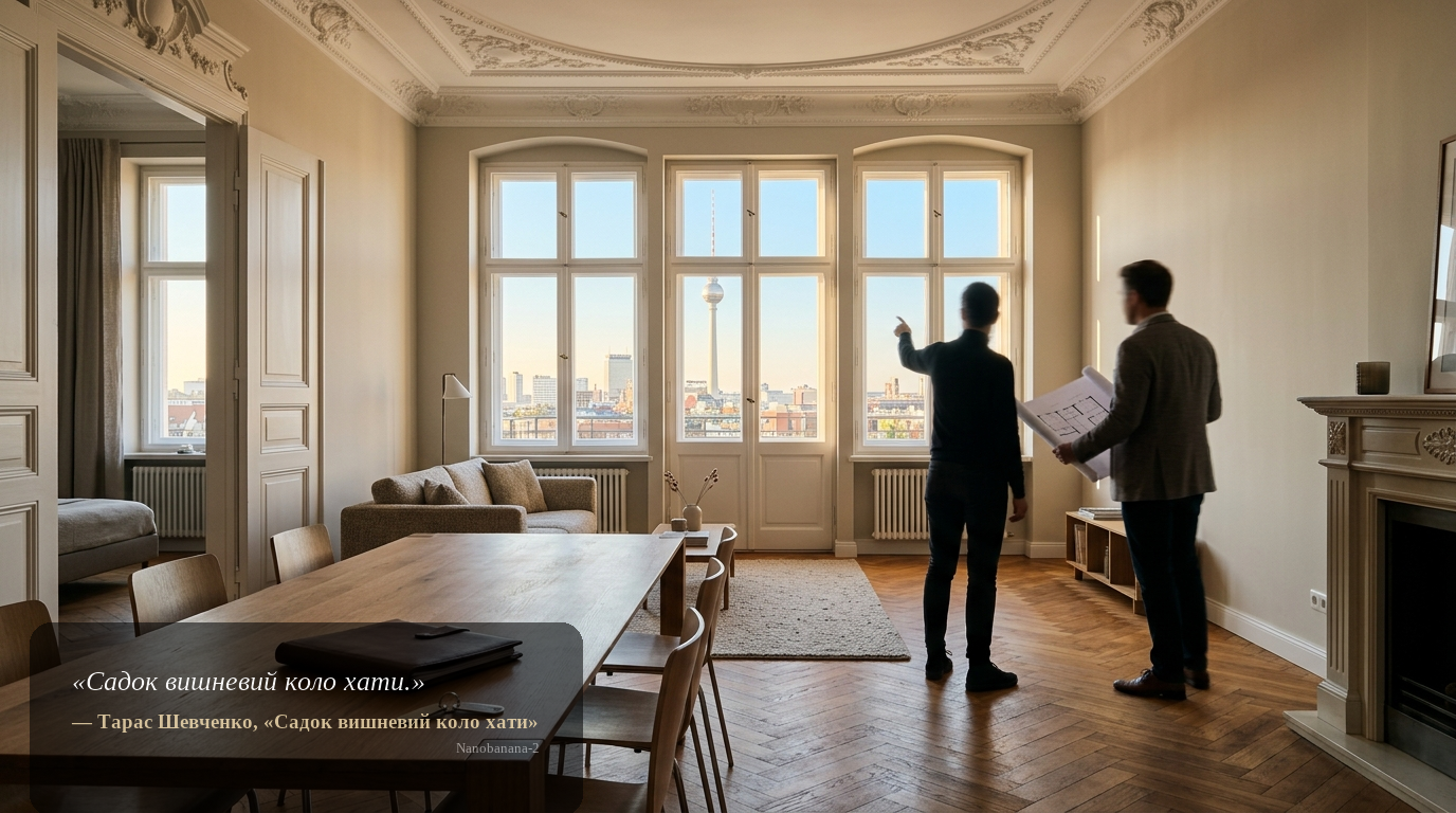 Wohnungssuche mit Makler in Berlin: modernes Altbau-Apartment mit Blick auf den Fernsehturm, zwei Personen unscharf am Fenster.