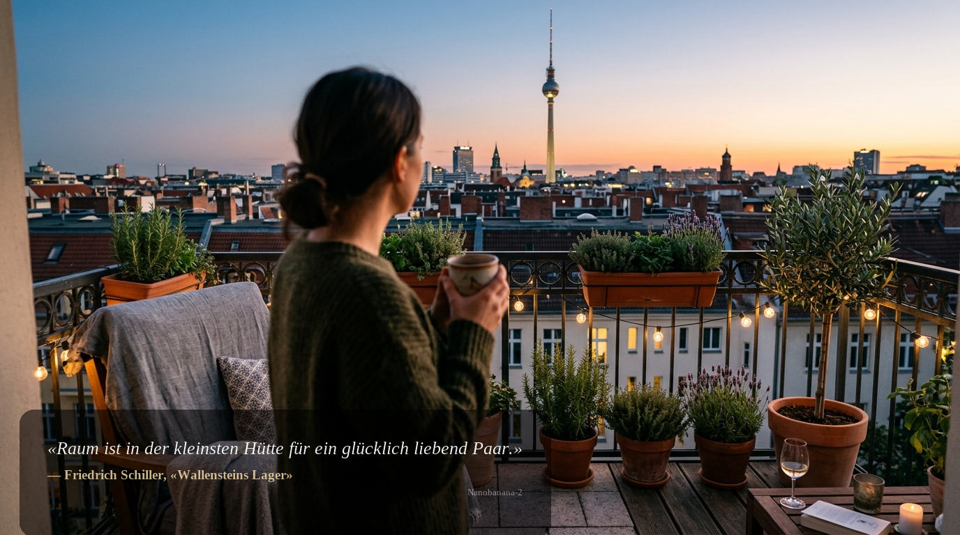 Berliner Balkon mit Blick auf den Fernsehturm bei Sonnenuntergang: neue Mietwohnung, gemütlicher Moment ohne erkennbare Gesichter.