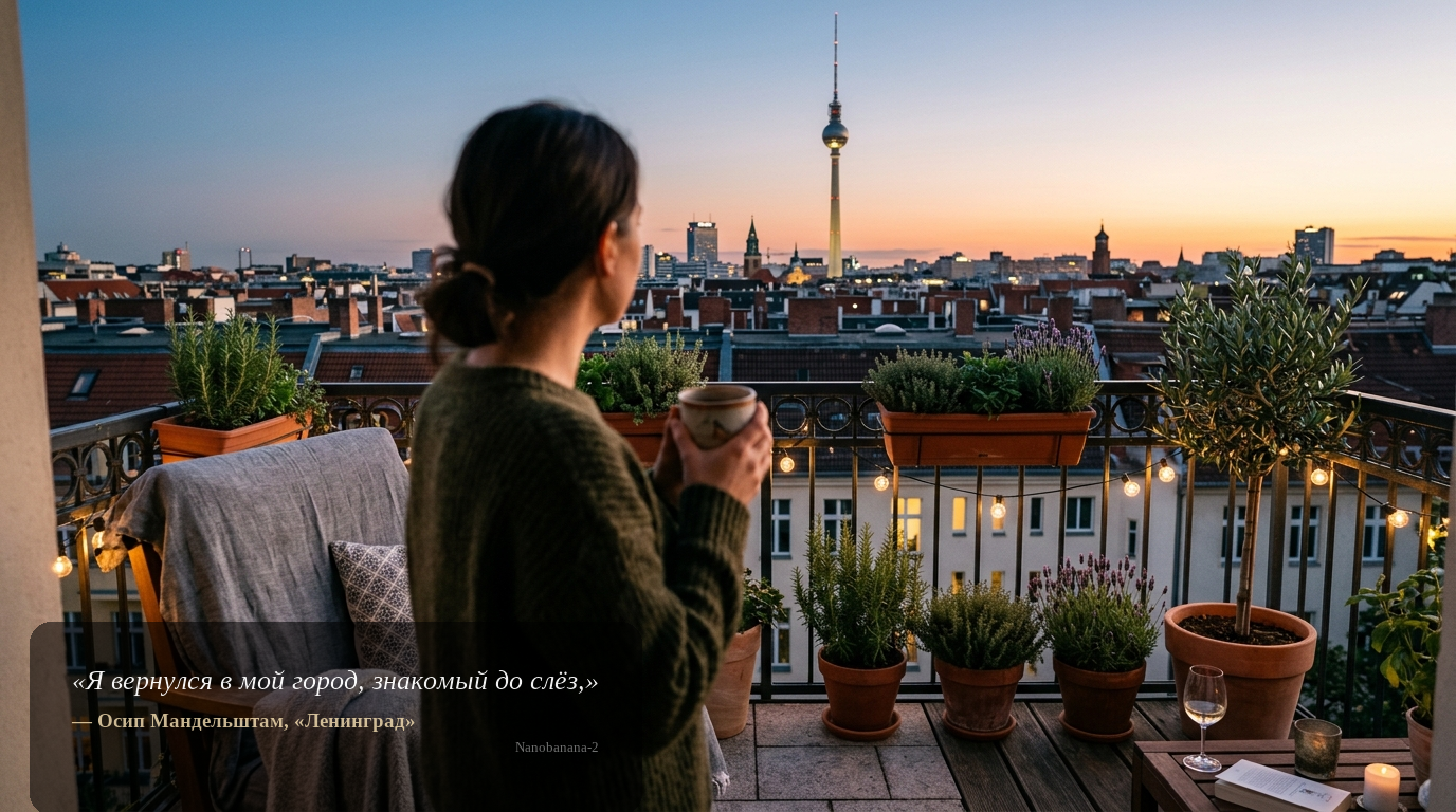 Berliner Balkon mit Blick auf den Fernsehturm bei Sonnenuntergang: neue Mietwohnung, gemütlicher Moment ohne erkennbare Gesichter.