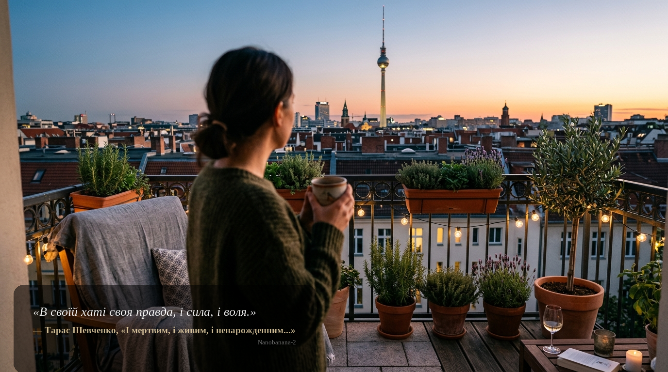 Berliner Balkon mit Blick auf den Fernsehturm bei Sonnenuntergang: neue Mietwohnung, gemütlicher Moment ohne erkennbare Gesichter.