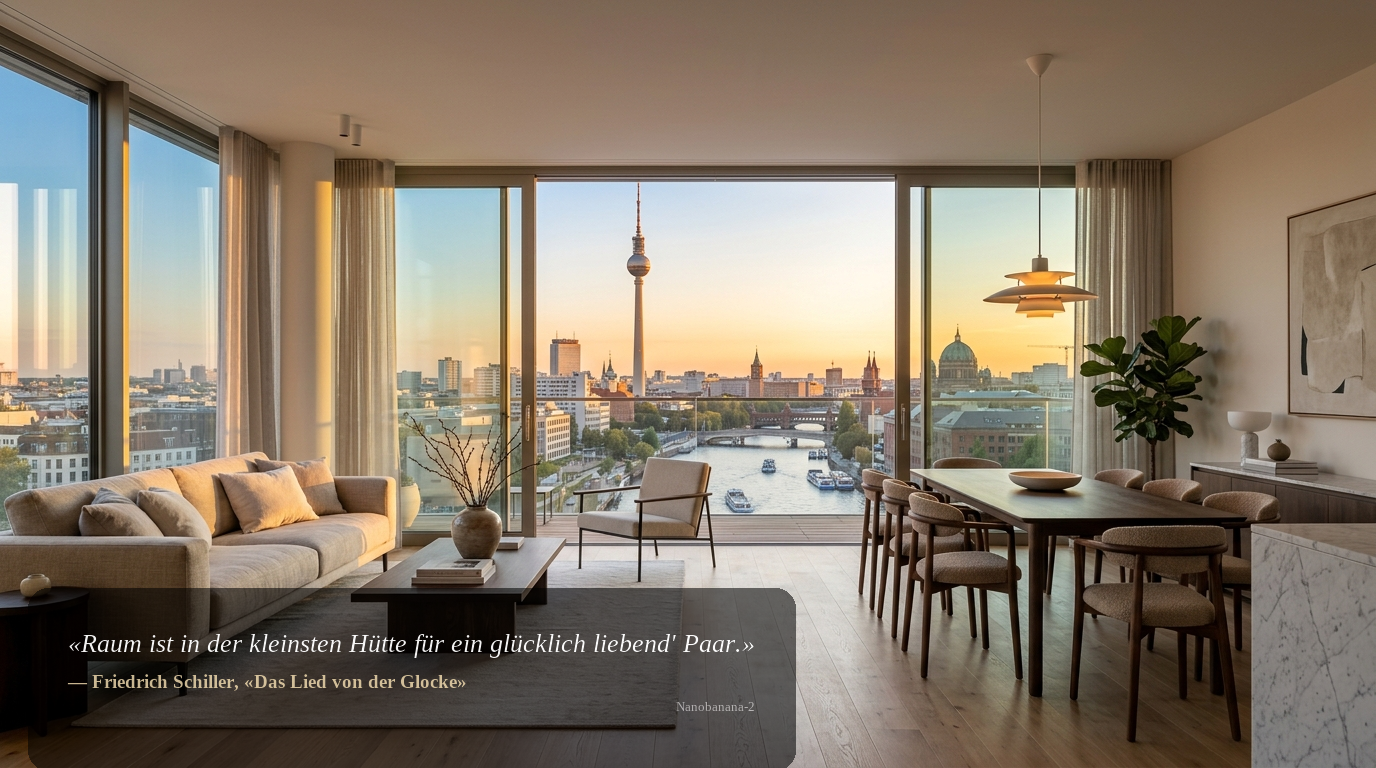 Hochwertiges Wohnzimmer mit Panoramablick auf den Berliner Fernsehturm bei Sonnenuntergang.