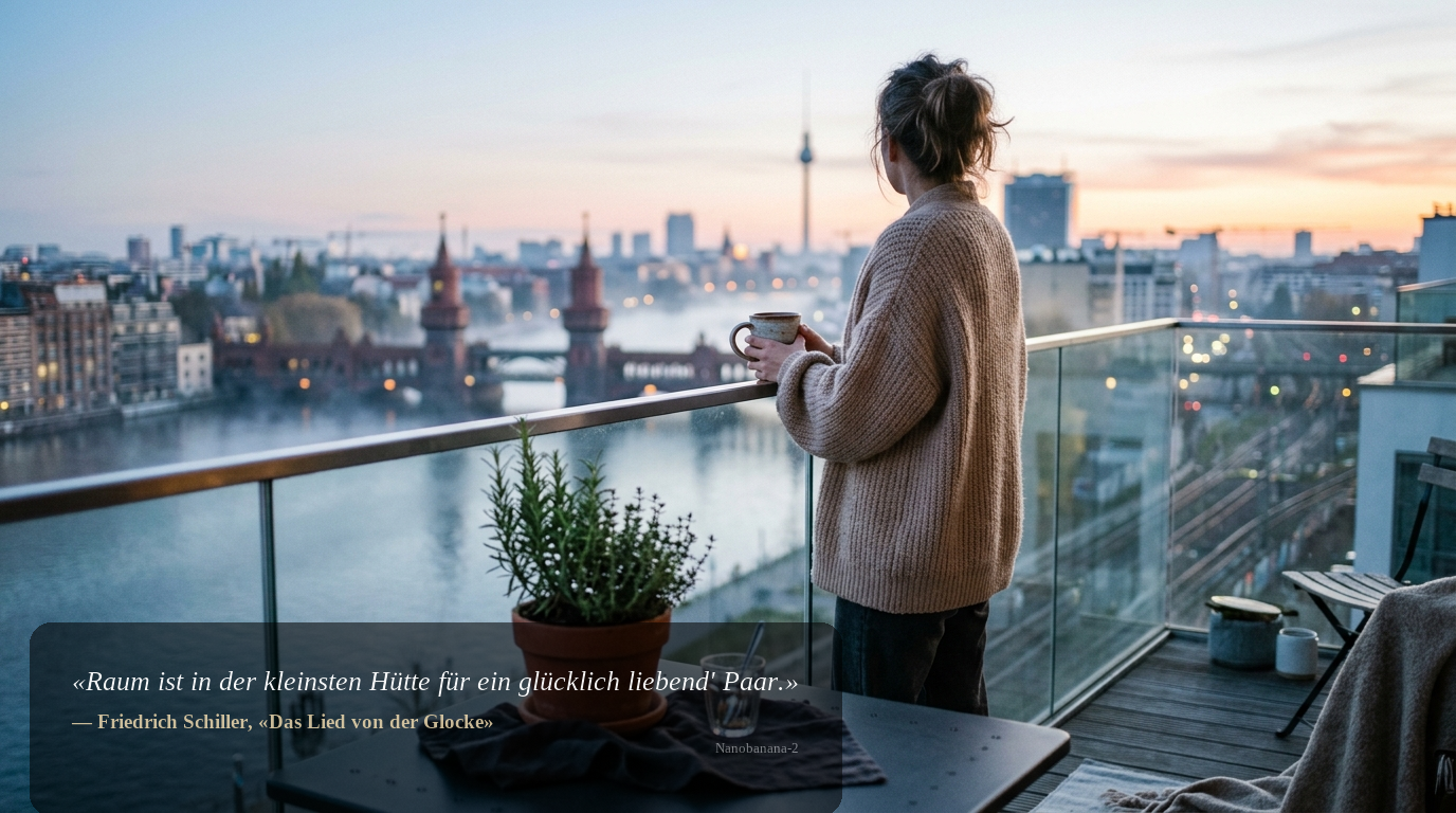 Stimmungsvolle Balkonaufnahme mit Blick auf die Oberbaumbrücke an der Spree, Person von hinten mit Kaffeetasse.