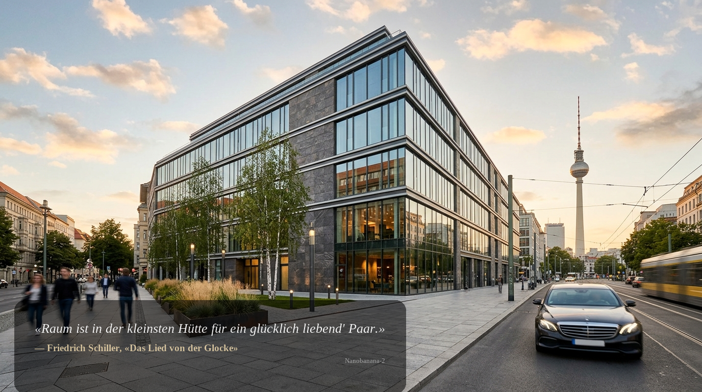 Freistehendes Gewerbegebäude in Berlin bei Sonnenuntergang mit moderner Glas-Stein-Fassade und Fernsehturm im Hintergrund – Gewerbegebäude kaufen Berlin.