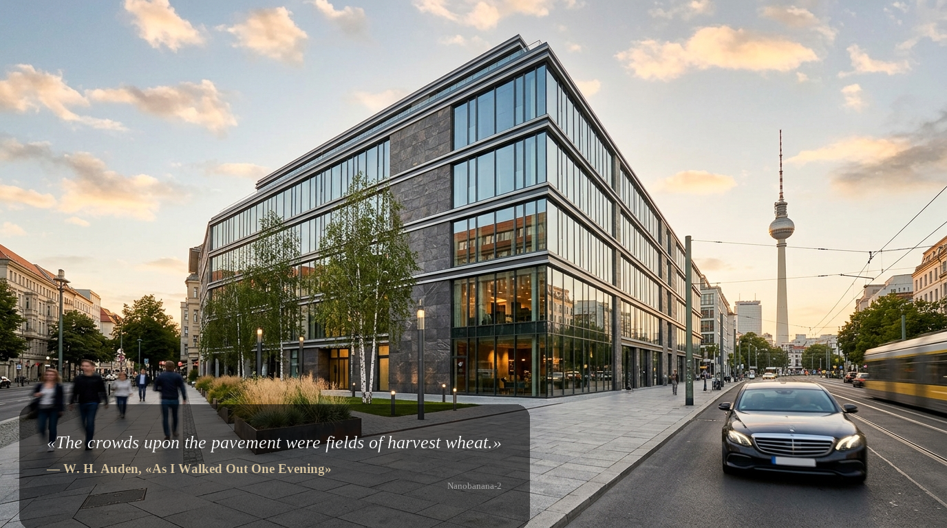 Freistehendes Gewerbegebäude in Berlin bei Sonnenuntergang mit moderner Glas-Stein-Fassade und Fernsehturm im Hintergrund – Gewerbegebäude kaufen Berlin.