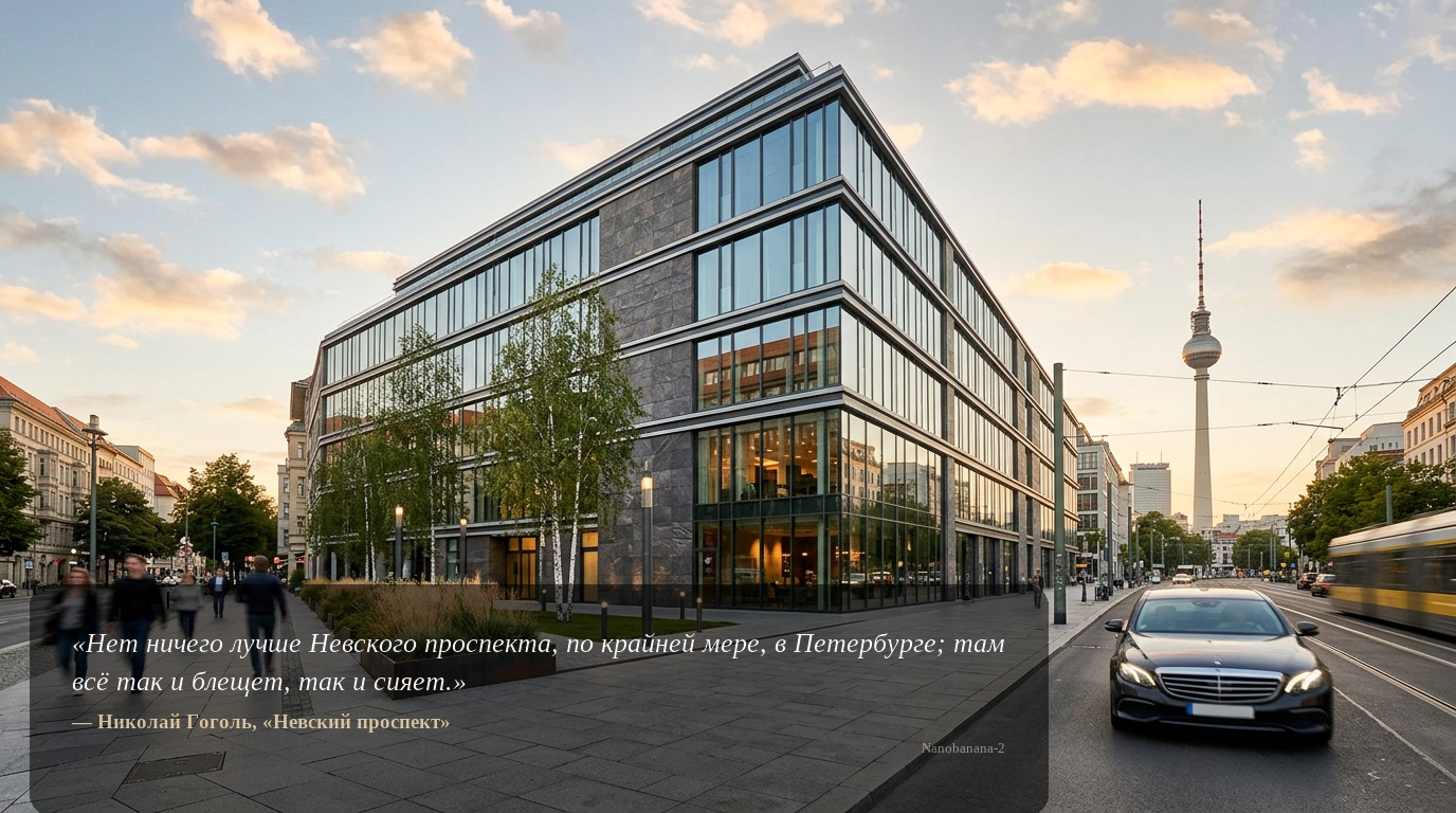 Freistehendes Gewerbegebäude in Berlin bei Sonnenuntergang mit moderner Glas-Stein-Fassade und Fernsehturm im Hintergrund – Gewerbegebäude kaufen Berlin.