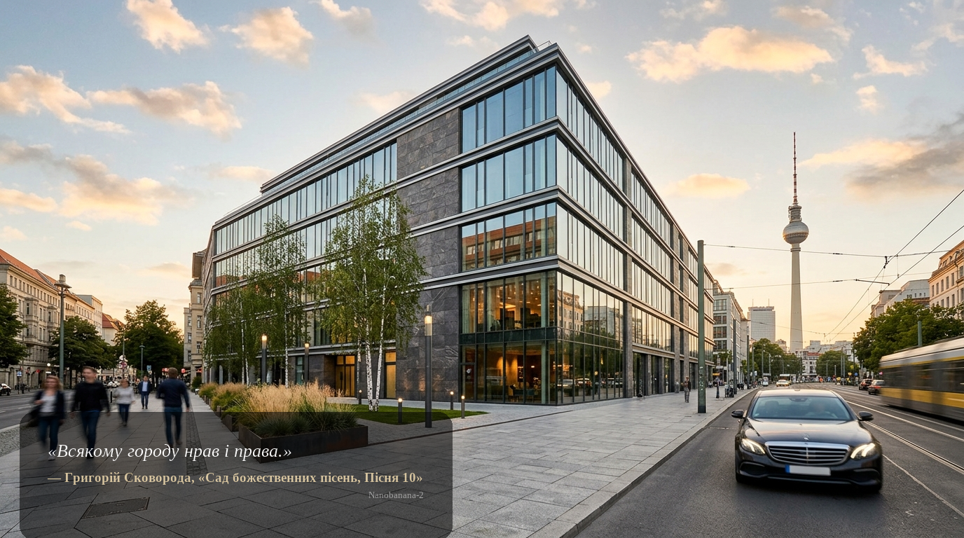 Freistehendes Gewerbegebäude in Berlin bei Sonnenuntergang mit moderner Glas-Stein-Fassade und Fernsehturm im Hintergrund – Gewerbegebäude kaufen Berlin.