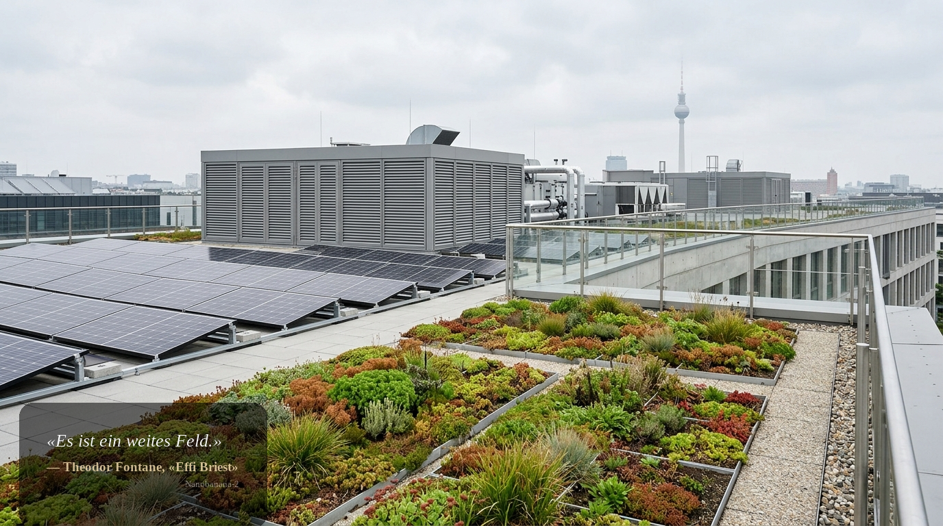 Detail eines Berliner Gewerbegebäudes: Gründach mit Solarpanels und moderner Technik – nachhaltige Ausstattung mit Rendite- und Sanierungspotenzial.