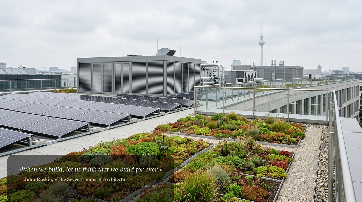Detail eines Berliner Gewerbegebäudes: Gründach mit Solarpanels und moderner Technik – nachhaltige Ausstattung mit Rendite- und Sanierungspotenzial.