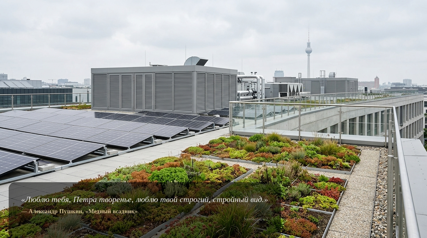 Detail eines Berliner Gewerbegebäudes: Gründach mit Solarpanels und moderner Technik – nachhaltige Ausstattung mit Rendite- und Sanierungspotenzial.