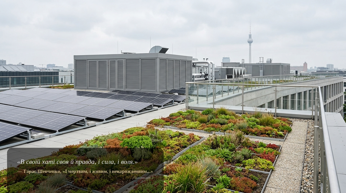 Detail eines Berliner Gewerbegebäudes: Gründach mit Solarpanels und moderner Technik – nachhaltige Ausstattung mit Rendite- und Sanierungspotenzial.