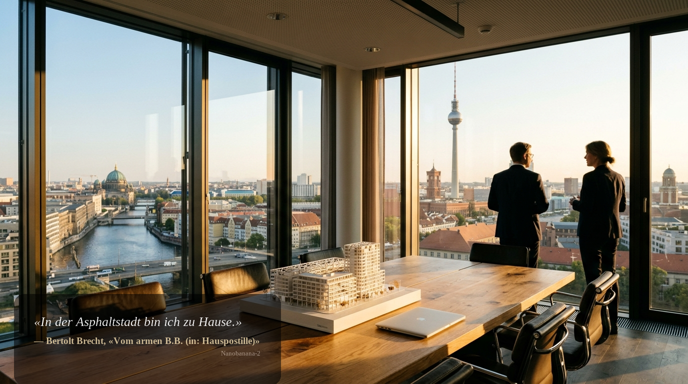 Hochwertiger Konferenzraum in Berliner Bürogebäude mit Blick auf den Fernsehturm, Investoren als Silhouetten – Lifestyle beim Gewerbegebäude kaufen in Berlin.