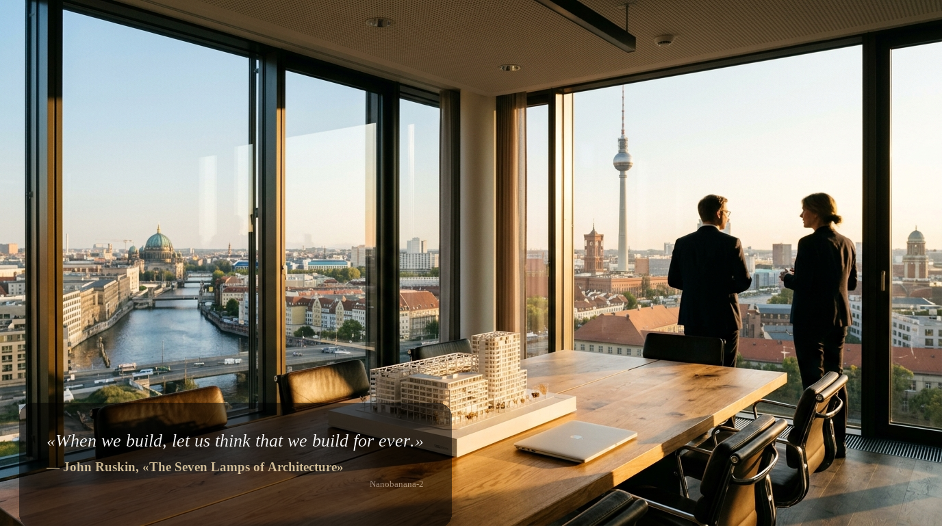 Hochwertiger Konferenzraum in Berliner Bürogebäude mit Blick auf den Fernsehturm, Investoren als Silhouetten – Lifestyle beim Gewerbegebäude kaufen in Berlin.