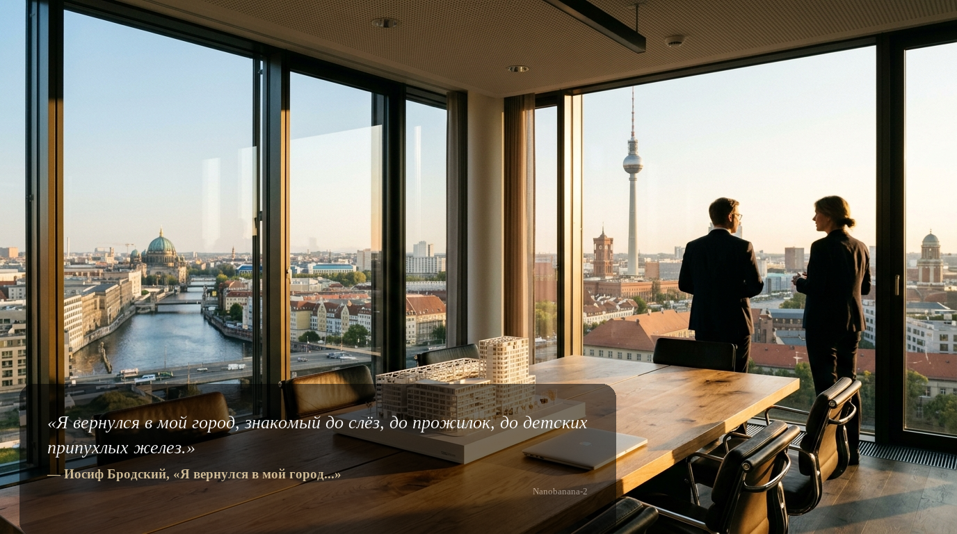 Hochwertiger Konferenzraum in Berliner Bürogebäude mit Blick auf den Fernsehturm, Investoren als Silhouetten – Lifestyle beim Gewerbegebäude kaufen in Berlin.