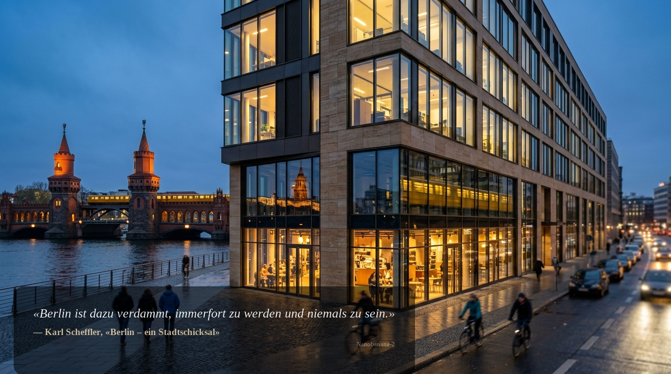 Weitwinkel-Außenaufnahme eines modernen Gewerbegebäudes an der Oberbaumbrücke in Berlin bei Blauer Stunde – Glasfassade, beleuchtete Büros, Premium-Immobilie.