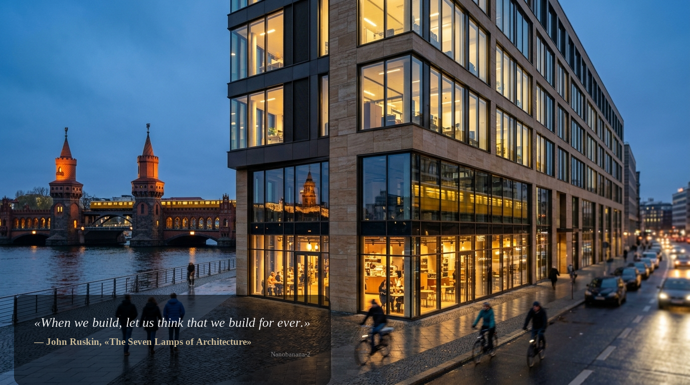 Weitwinkel-Außenaufnahme eines modernen Gewerbegebäudes an der Oberbaumbrücke in Berlin bei Blauer Stunde – Glasfassade, beleuchtete Büros, Premium-Immobilie.