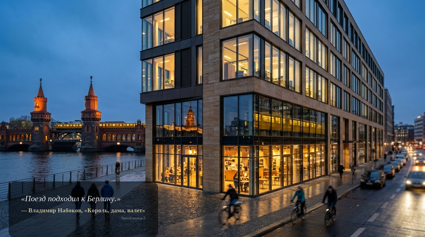 Weitwinkel-Außenaufnahme eines modernen Gewerbegebäudes an der Oberbaumbrücke in Berlin bei Blauer Stunde – Glasfassade, beleuchtete Büros, Premium-Immobilie.