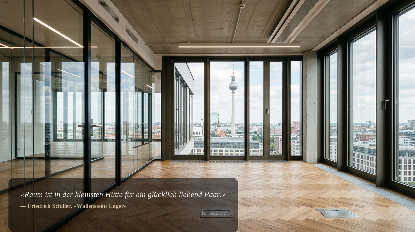 Detailaufnahme eines hochwertigen Berliner Bürolofts: bodentiefe Fenster mit Blick auf den Fernsehturm, Eichenboden, schwarze Glasrahmen und moderne Beleuchtung.
