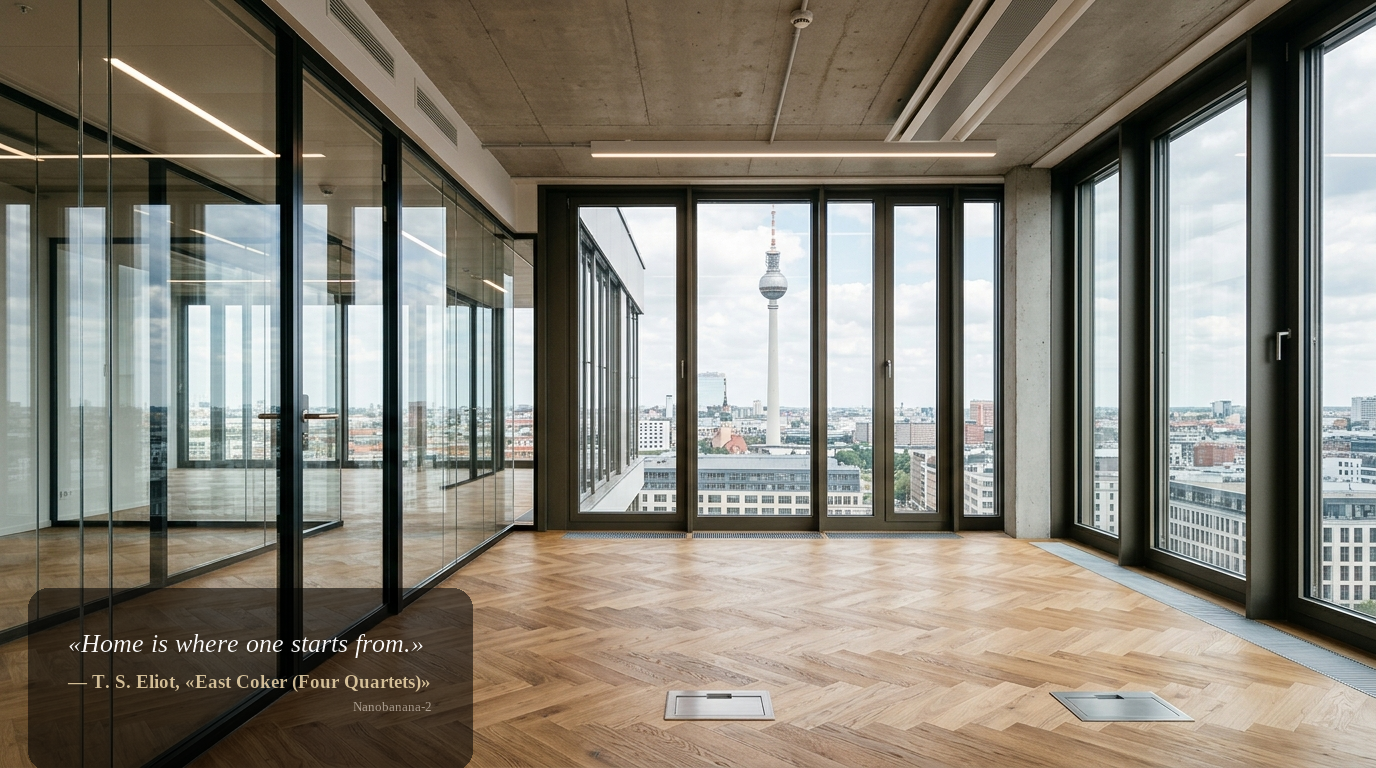 Detailaufnahme eines hochwertigen Berliner Bürolofts: bodentiefe Fenster mit Blick auf den Fernsehturm, Eichenboden, schwarze Glasrahmen und moderne Beleuchtung.