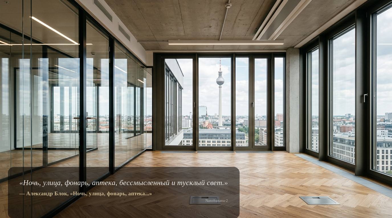 Detailaufnahme eines hochwertigen Berliner Bürolofts: bodentiefe Fenster mit Blick auf den Fernsehturm, Eichenboden, schwarze Glasrahmen und moderne Beleuchtung.