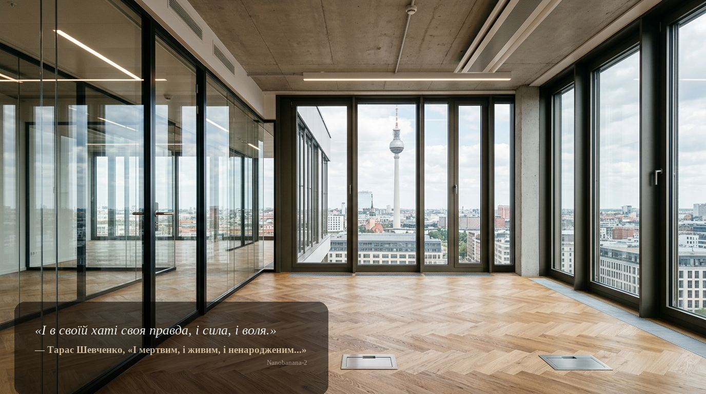 Detailaufnahme eines hochwertigen Berliner Bürolofts: bodentiefe Fenster mit Blick auf den Fernsehturm, Eichenboden, schwarze Glasrahmen und moderne Beleuchtung.