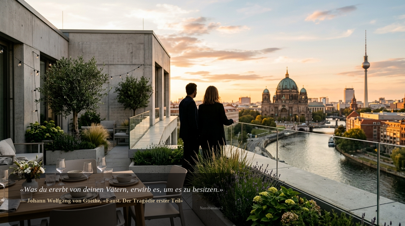 Aspiratives Motiv: Dachterrasse eines Berliner Bürogebäudes bei Sonnenuntergang mit Blick auf den Berliner Dom und die Spree, Silhouetten im Hintergrund, modernes Premium-Ambiente.