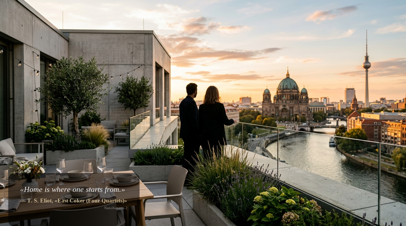 Aspiratives Motiv: Dachterrasse eines Berliner Bürogebäudes bei Sonnenuntergang mit Blick auf den Berliner Dom und die Spree, Silhouetten im Hintergrund, modernes Premium-Ambiente.