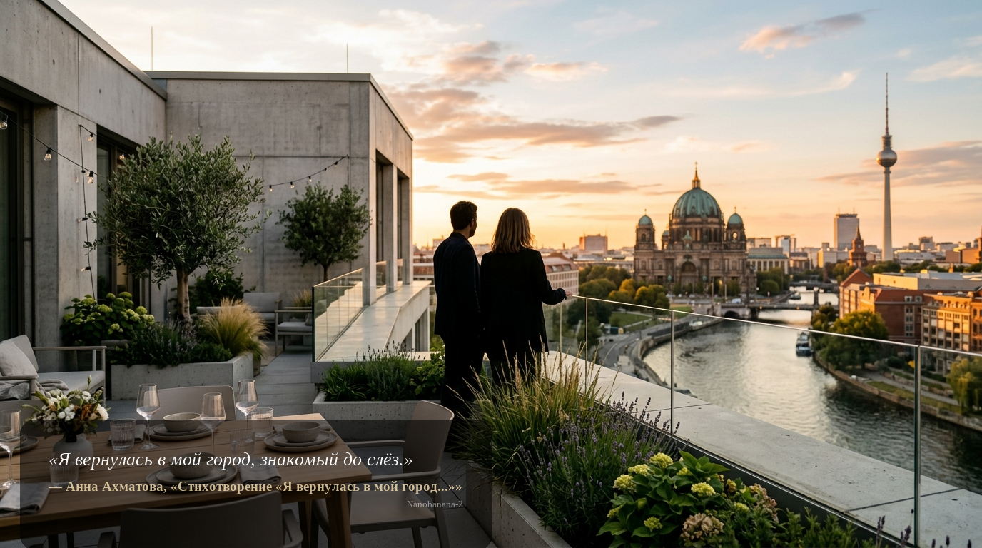 Aspiratives Motiv: Dachterrasse eines Berliner Bürogebäudes bei Sonnenuntergang mit Blick auf den Berliner Dom und die Spree, Silhouetten im Hintergrund, modernes Premium-Ambiente.