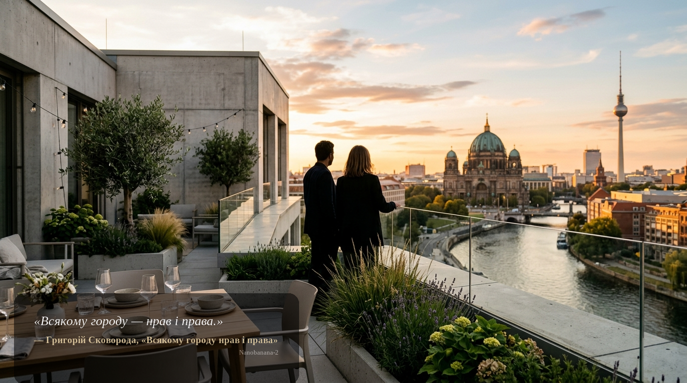 Aspiratives Motiv: Dachterrasse eines Berliner Bürogebäudes bei Sonnenuntergang mit Blick auf den Berliner Dom und die Spree, Silhouetten im Hintergrund, modernes Premium-Ambiente.