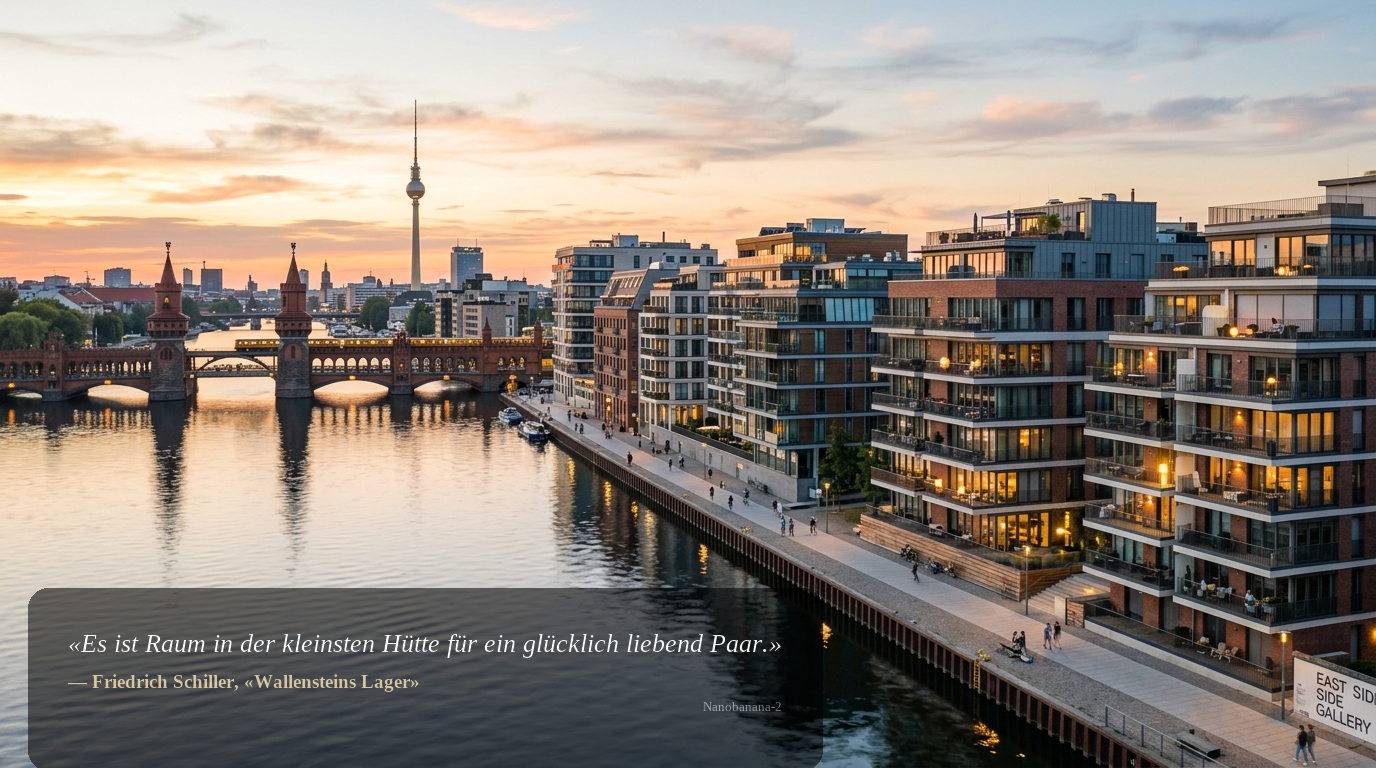 Moderne Wohnhäuser an der Spree mit Oberbaumbrücke und Fernsehturm bei Sonnenuntergang