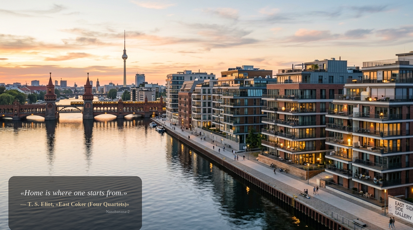 Moderne Wohnhäuser an der Spree mit Oberbaumbrücke und Fernsehturm bei Sonnenuntergang