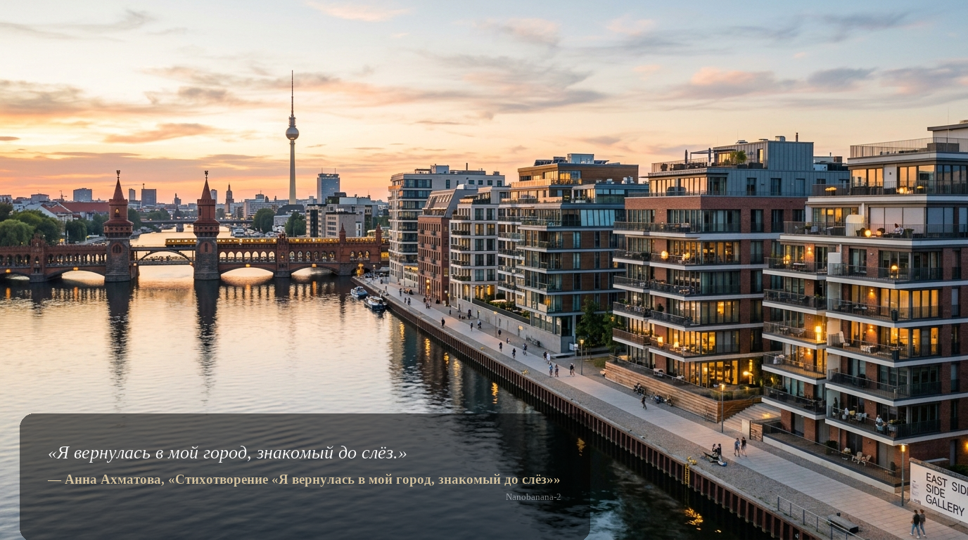 Moderne Wohnhäuser an der Spree mit Oberbaumbrücke und Fernsehturm bei Sonnenuntergang