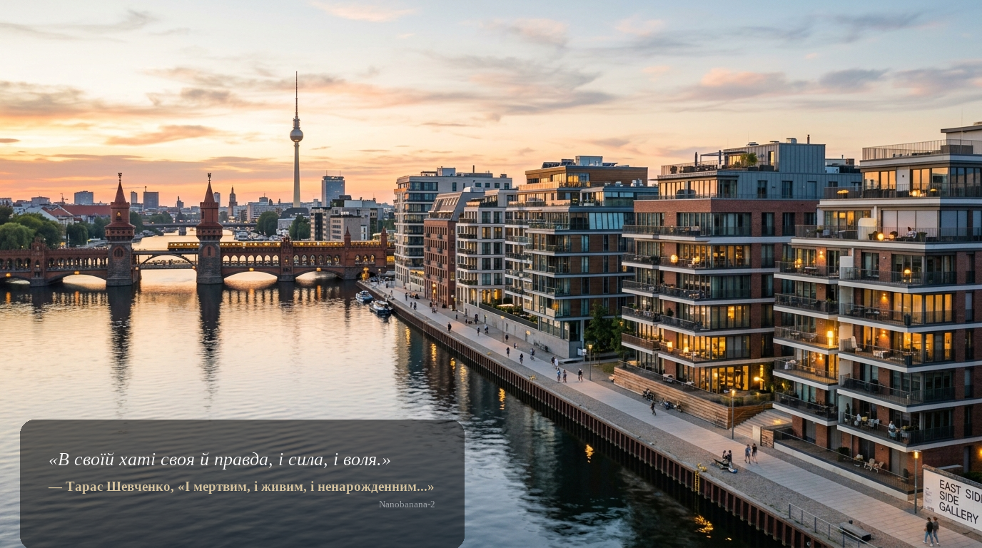 Moderne Wohnhäuser an der Spree mit Oberbaumbrücke und Fernsehturm bei Sonnenuntergang