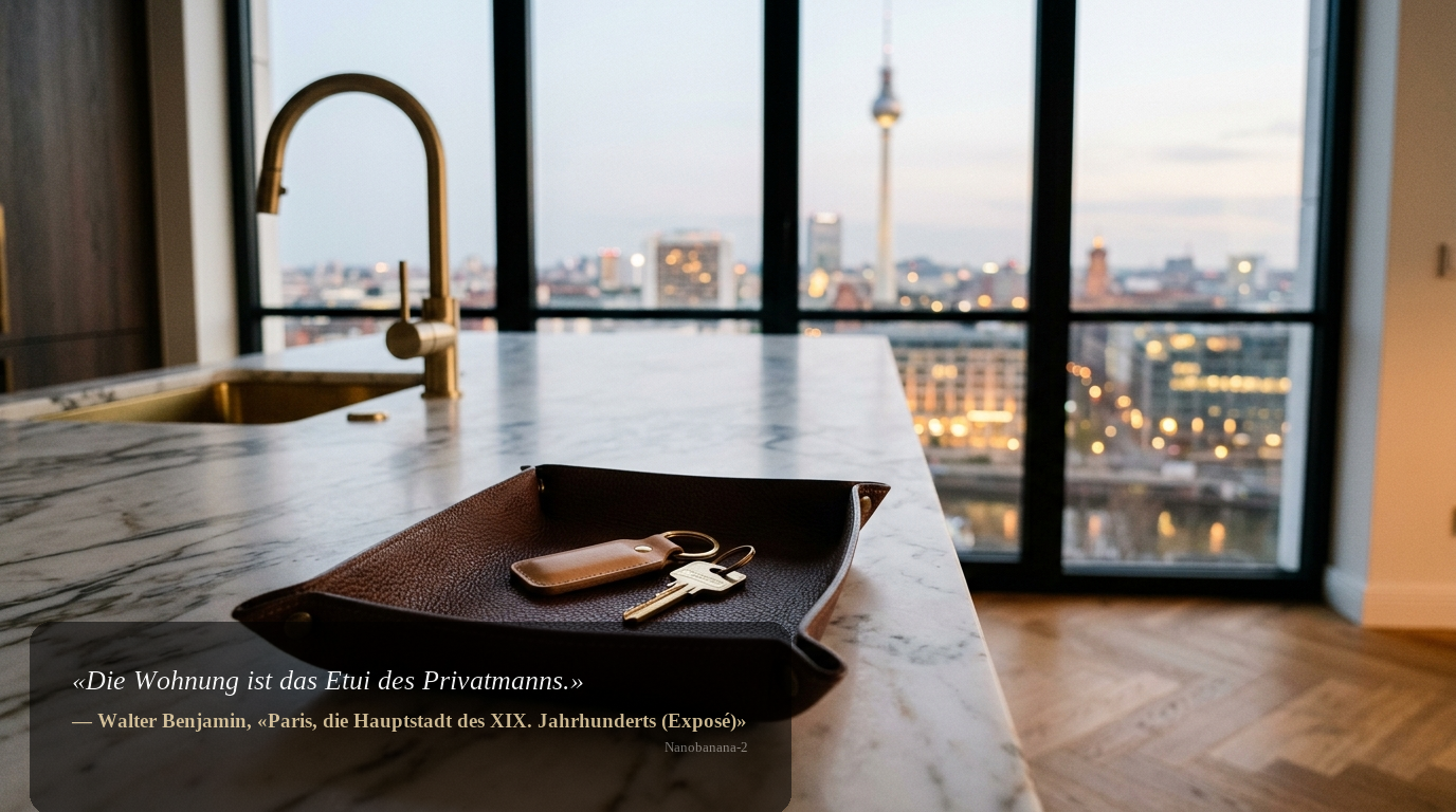Schlüssel auf Marmor-Kücheninsel in hochwertiger Berliner Wohnung, Fernsehturm unscharf im Hintergrund