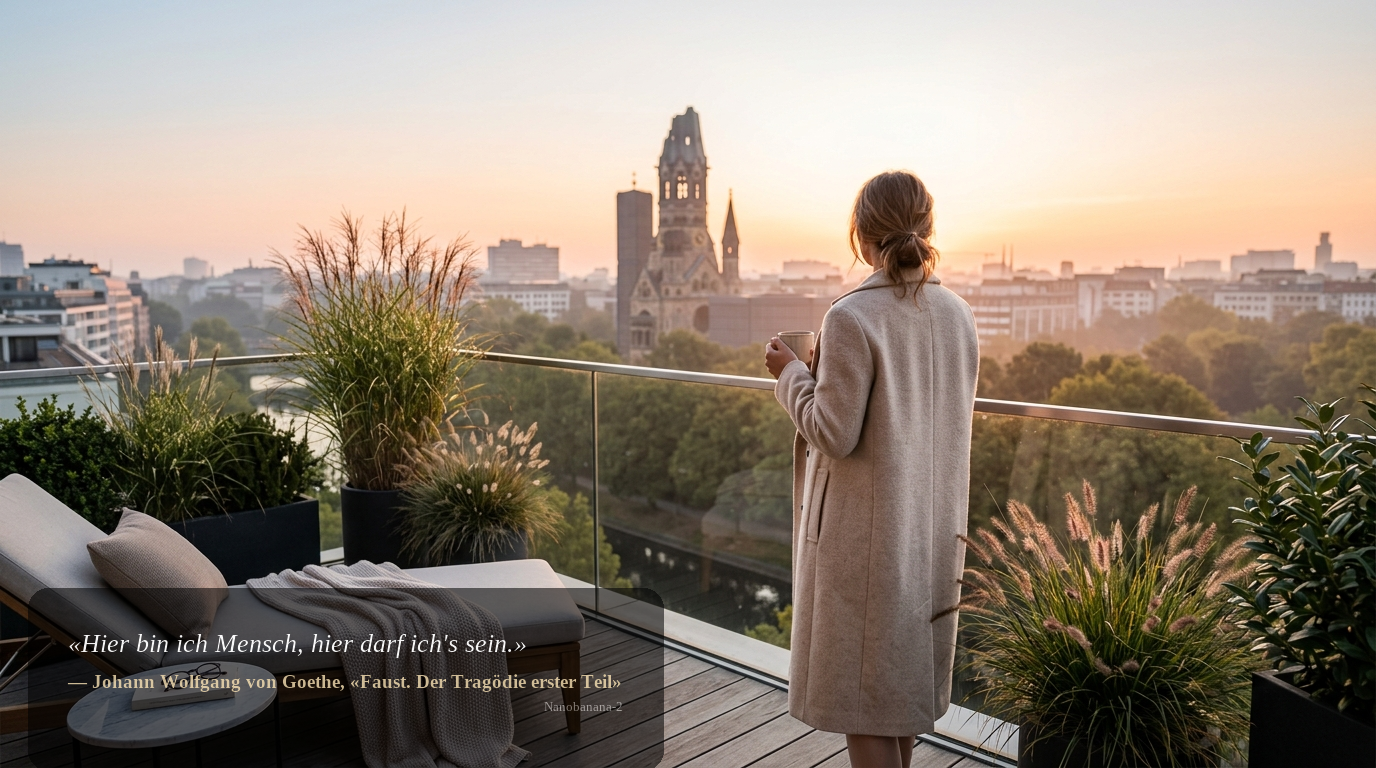 Person von hinten auf Penthouse-Balkon am Landwehrkanal mit Blick zur Gedächtniskirche bei Sonnenaufgang