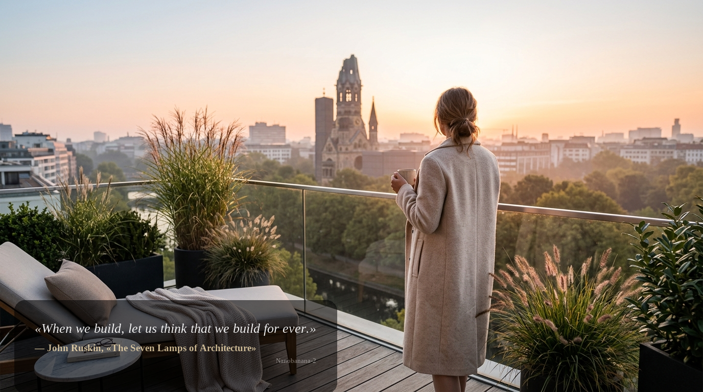Person von hinten auf Penthouse-Balkon am Landwehrkanal mit Blick zur Gedächtniskirche bei Sonnenaufgang