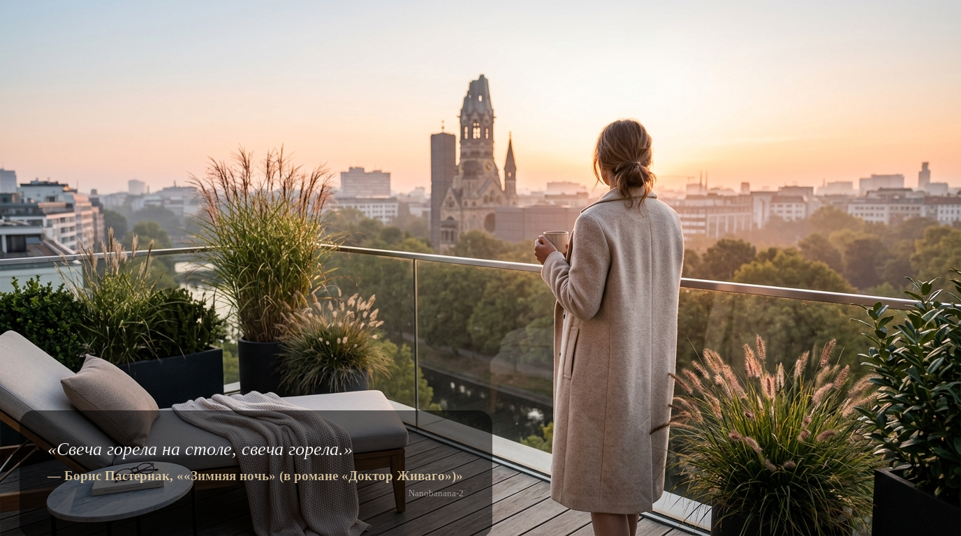 Person von hinten auf Penthouse-Balkon am Landwehrkanal mit Blick zur Gedächtniskirche bei Sonnenaufgang
