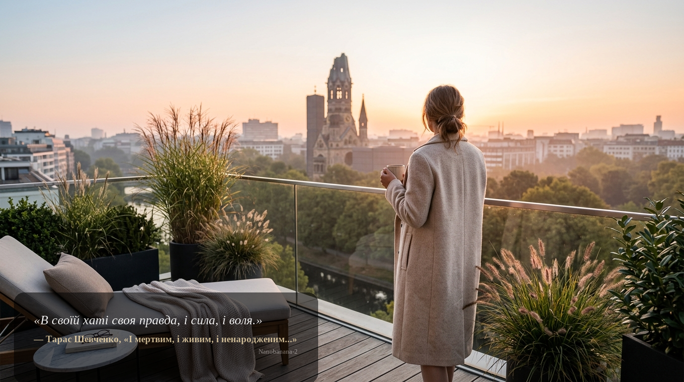 Person von hinten auf Penthouse-Balkon am Landwehrkanal mit Blick zur Gedächtniskirche bei Sonnenaufgang