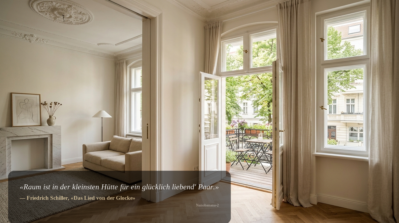 Altbau-Interieur in Charlottenburg: Stuckdecke, Fischgrätparkett und Flügeltüren zum Balkon nahe Kurfürstendamm.