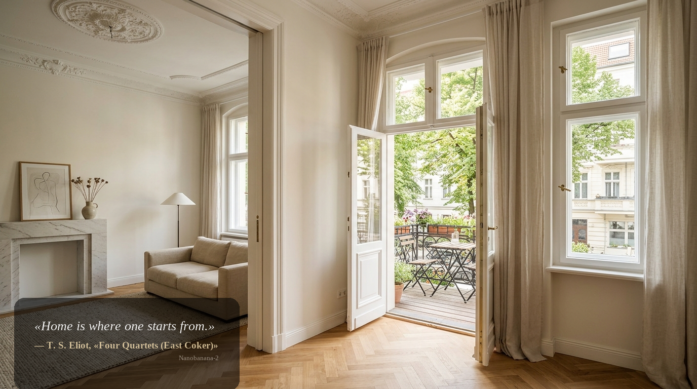 Altbau-Interieur in Charlottenburg: Stuckdecke, Fischgrätparkett und Flügeltüren zum Balkon nahe Kurfürstendamm.