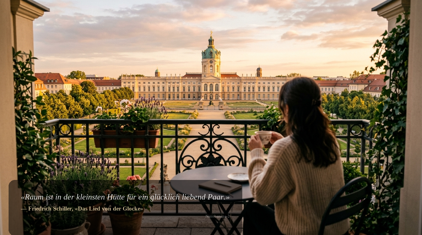 Balkonblick auf Schloss Charlottenburg bei Sonnenaufgang – exklusiver Wohn-Lifestyle in Berlin.