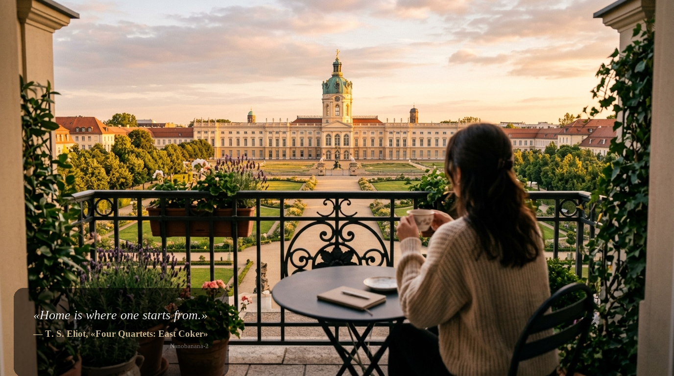 Balkonblick auf Schloss Charlottenburg bei Sonnenaufgang – exklusiver Wohn-Lifestyle in Berlin.