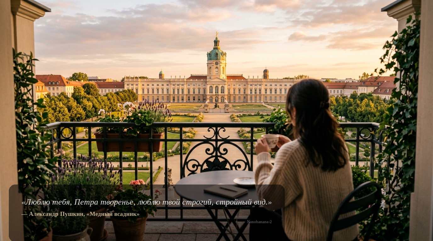 Balkonblick auf Schloss Charlottenburg bei Sonnenaufgang – exklusiver Wohn-Lifestyle in Berlin.