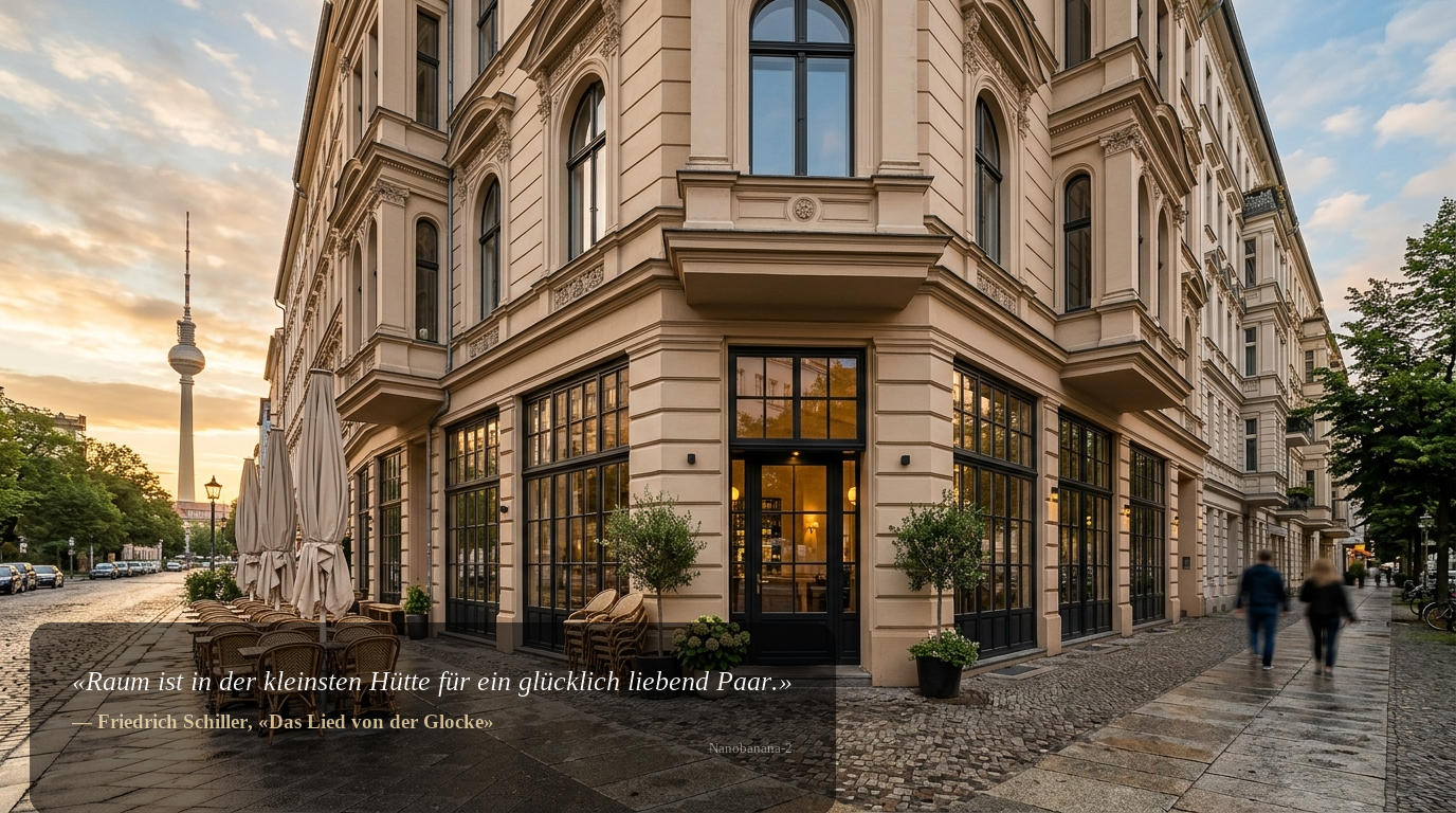 Weitwinkelaufnahme eines Premium-Eckrestaurants in Berlin mit Fernsehturm im Hintergrund – Gastronomie-Immobilie kaufen.