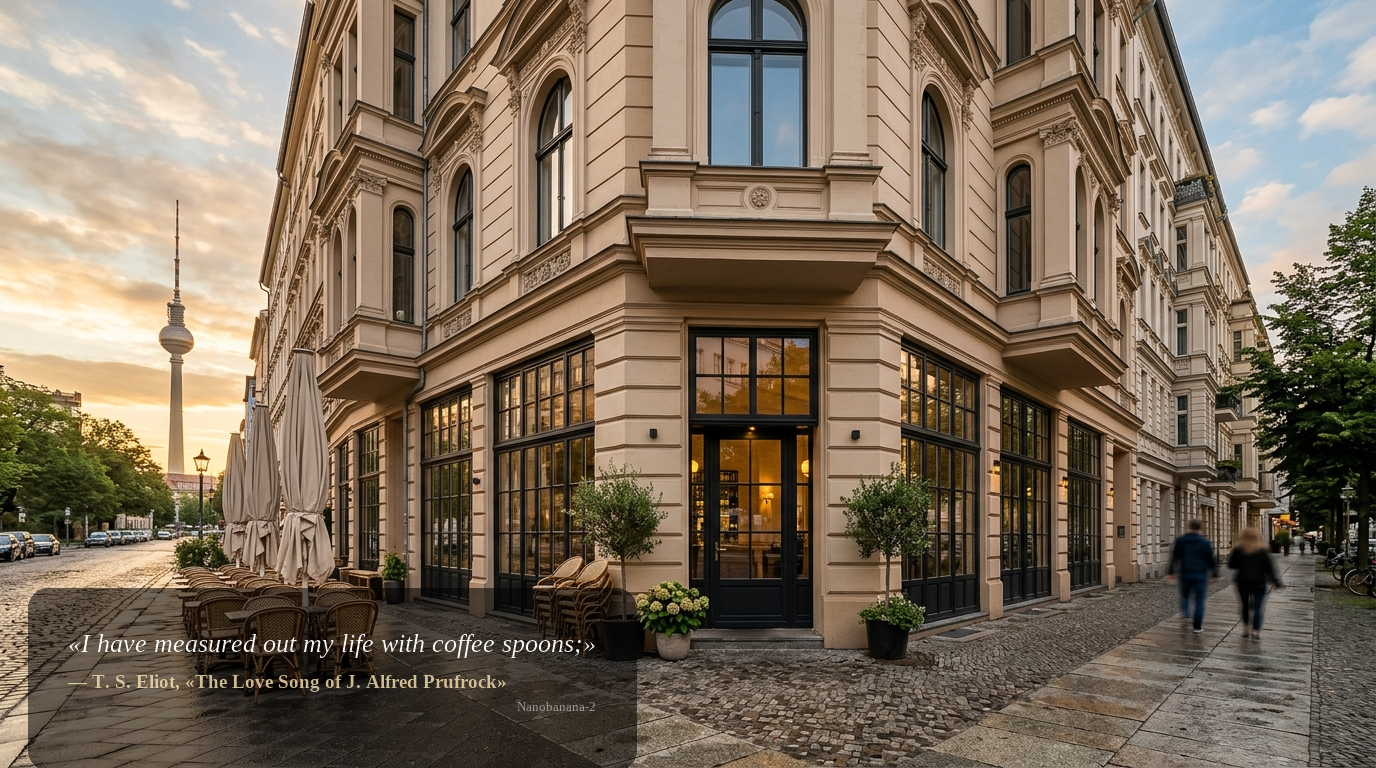 Weitwinkelaufnahme eines Premium-Eckrestaurants in Berlin mit Fernsehturm im Hintergrund – Gastronomie-Immobilie kaufen.