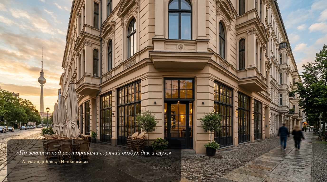 Weitwinkelaufnahme eines Premium-Eckrestaurants in Berlin mit Fernsehturm im Hintergrund – Gastronomie-Immobilie kaufen.