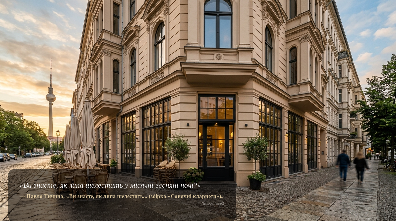 Weitwinkelaufnahme eines Premium-Eckrestaurants in Berlin mit Fernsehturm im Hintergrund – Gastronomie-Immobilie kaufen.
